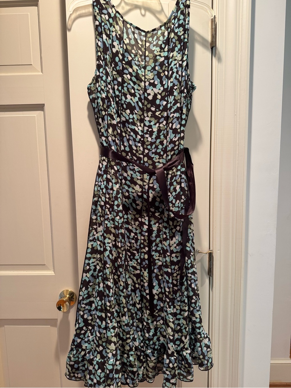 Sandra Darren Black Midi Dress with Blue and Green Floral Print and Satin Belt